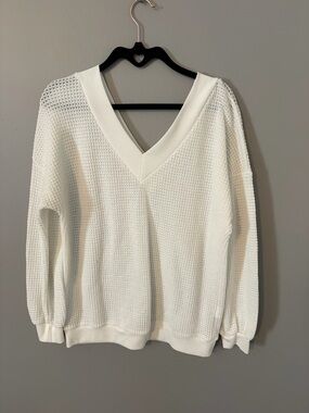 Women's White V-Neck Knit Sweater